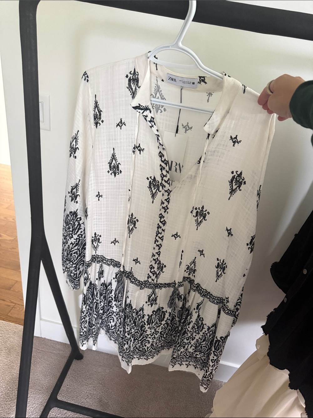 Zara White Tunic Top with Black Paisley Print